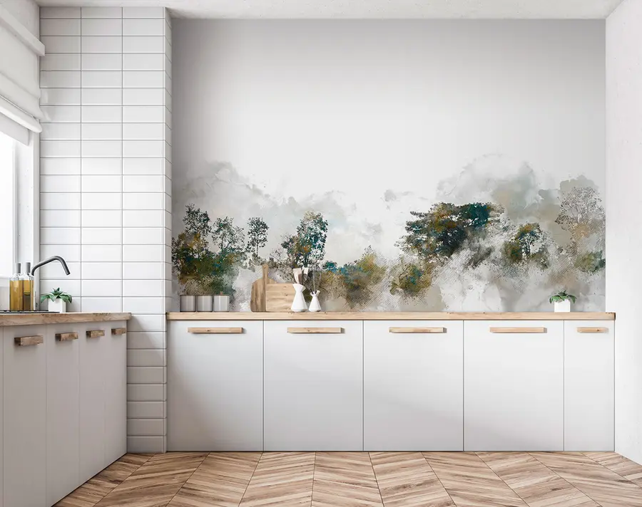 Fototapetes Akvareļu ainava ar akvareļu krāsu koku u75377