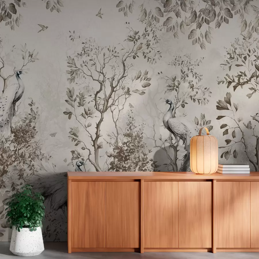 Fototapetes Dārzs ar trausliem putniem, pāviem u94850