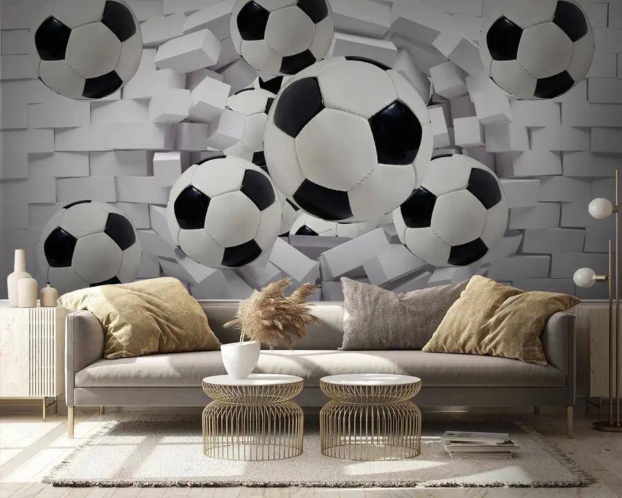 Fototapetes Futbola bumbas uz ķieģeļu sienas fona u94958