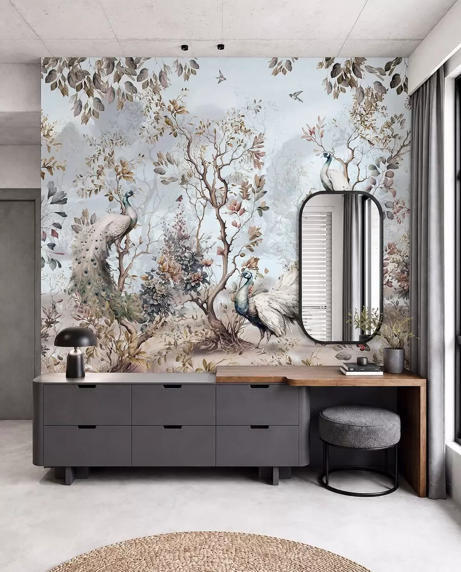 Fototapetes Chinoiserie Ķīniešu stila augi un pāvi u94849