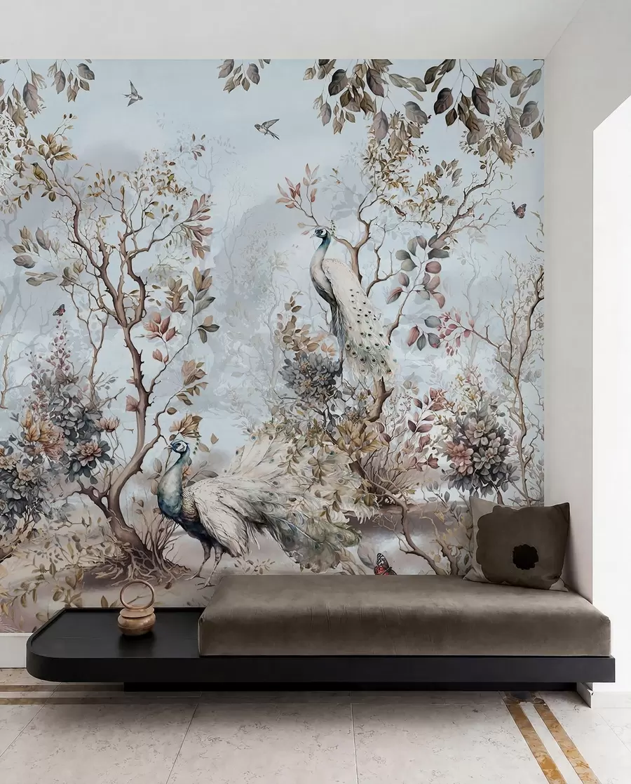 Fototapetes Chinoiserie Ķīniešu stila augi un pāvi u94849