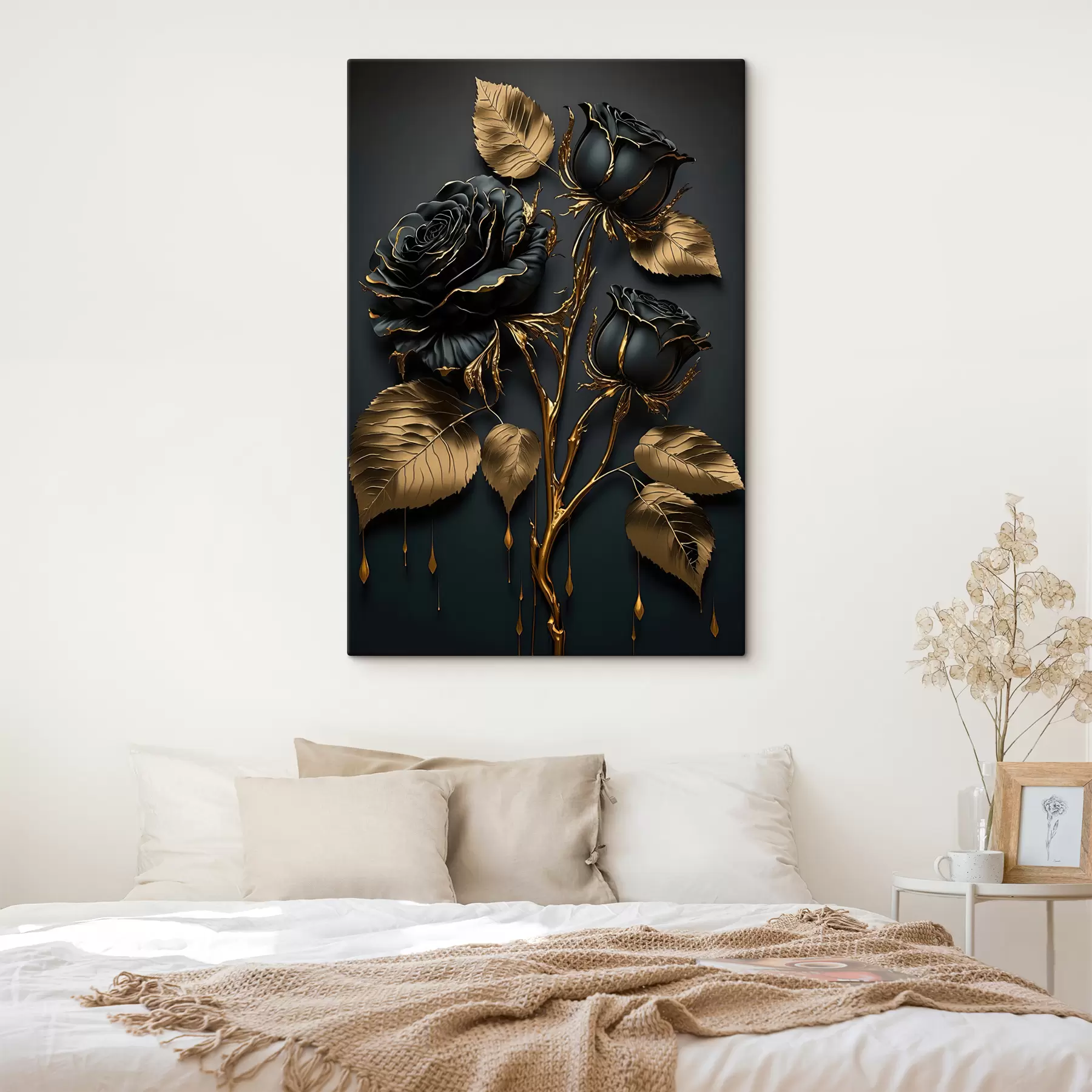 Glezna Melnā roze ar lapām s33700