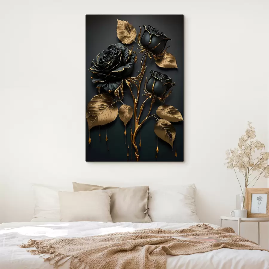 Glezna Melnā roze ar lapām s33700