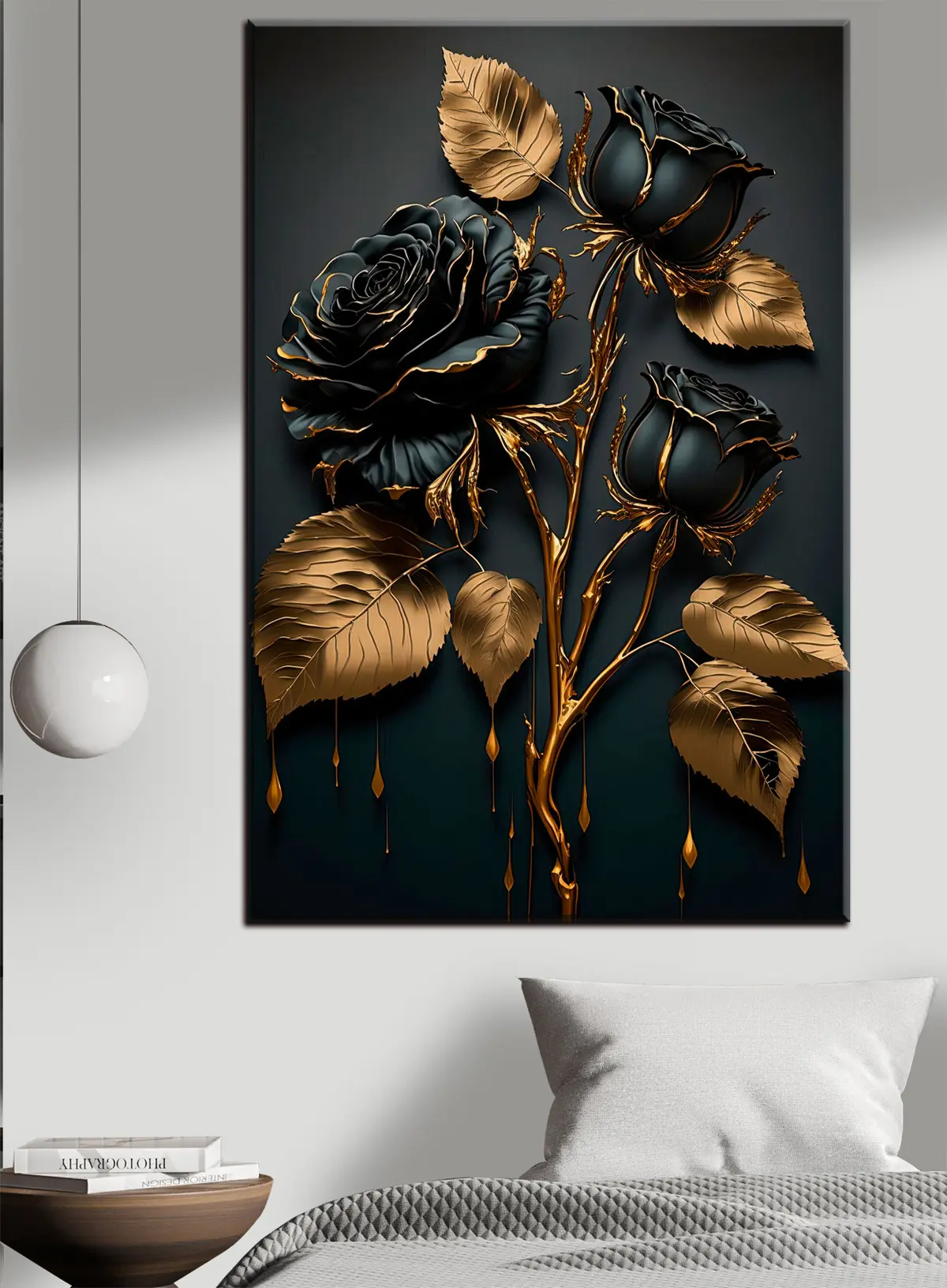 Glezna Melnā roze ar lapām s33700