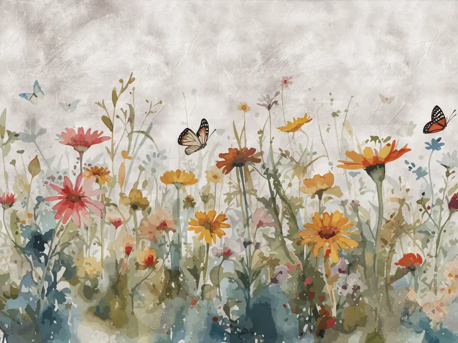 Fototapetes Akvareļkrāsas savvaļas puķes un tauriņi u95406