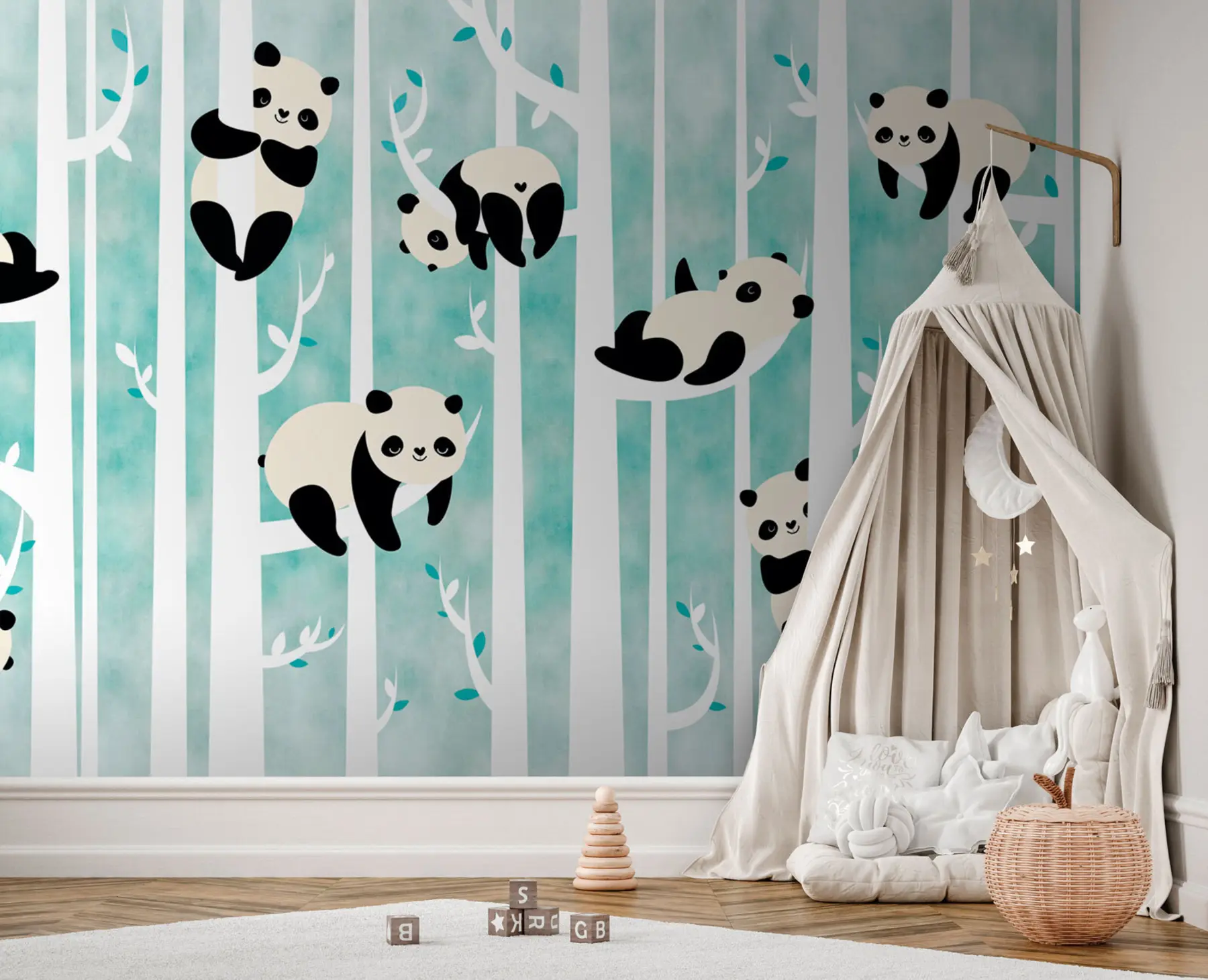 Fototapetes Jautras ķīniešu pasaku pandas uz kokiem bērnu istabai u95025
