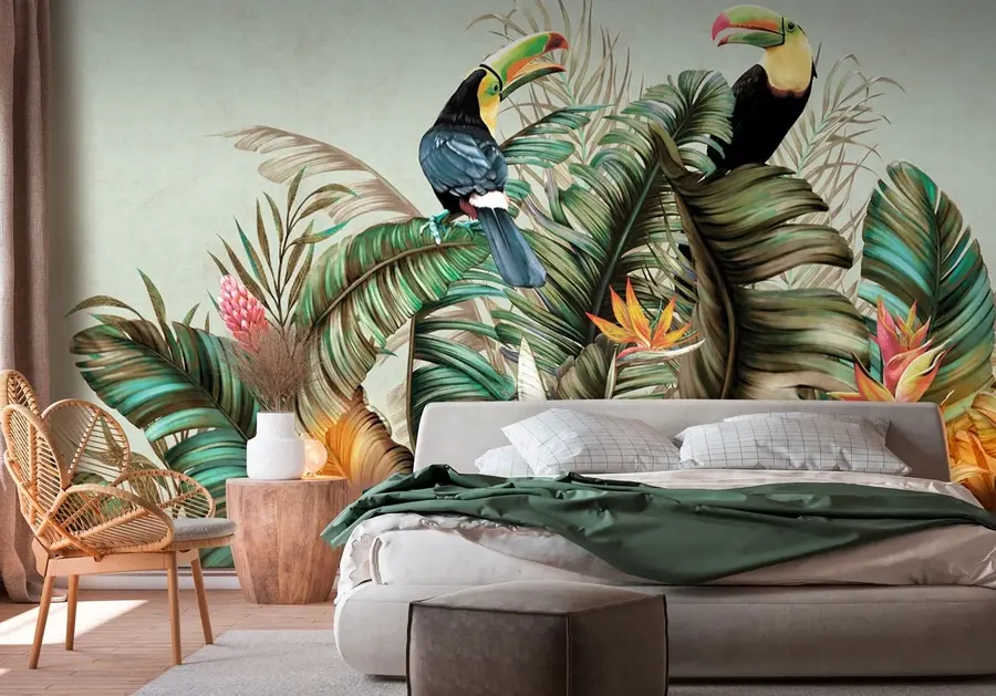 Fototapetes Eksotiskie putni papagailis un tukāns starp banānu un palmu lapām u95256