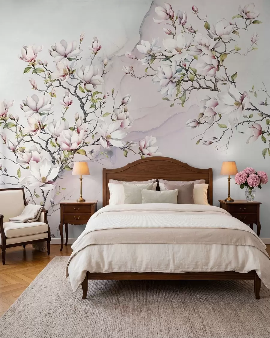 Fototapetes Ziedošas magnolijas koki uz marmora fona u96114