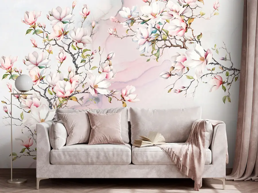 Fototapetes Ziedošas magnolijas koki uz marmora fona u96114