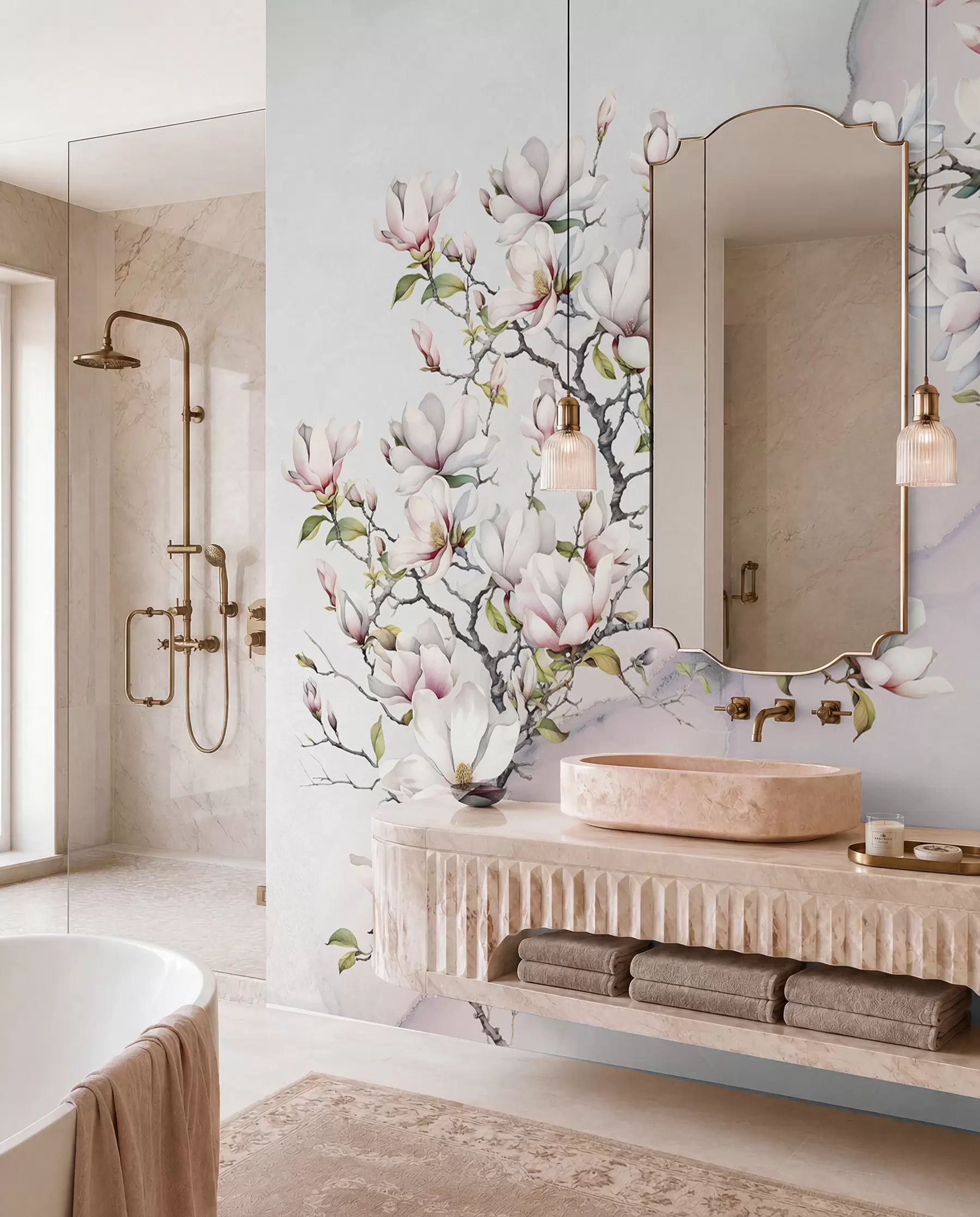 Fototapetes Ziedošas magnolijas koki uz marmora fona u96114