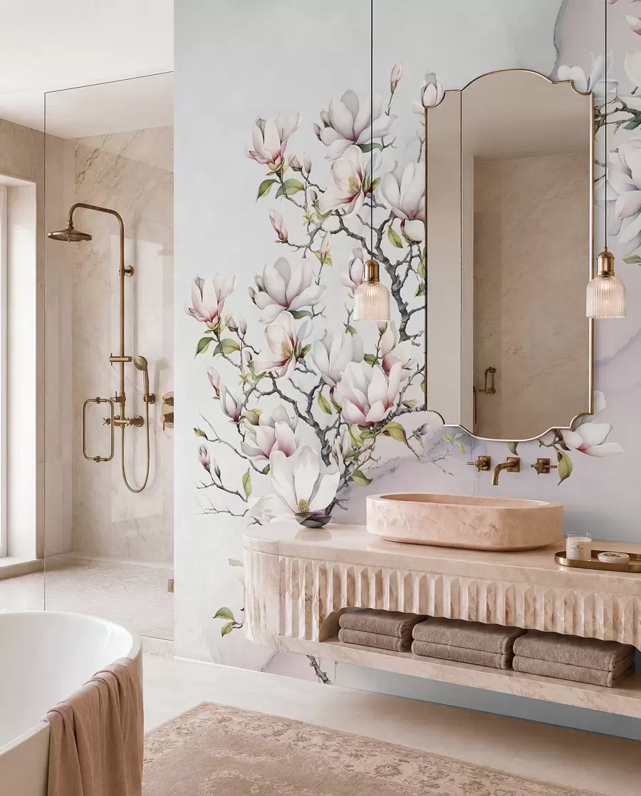Fototapetes Ziedošas magnolijas koki uz marmora fona u96114