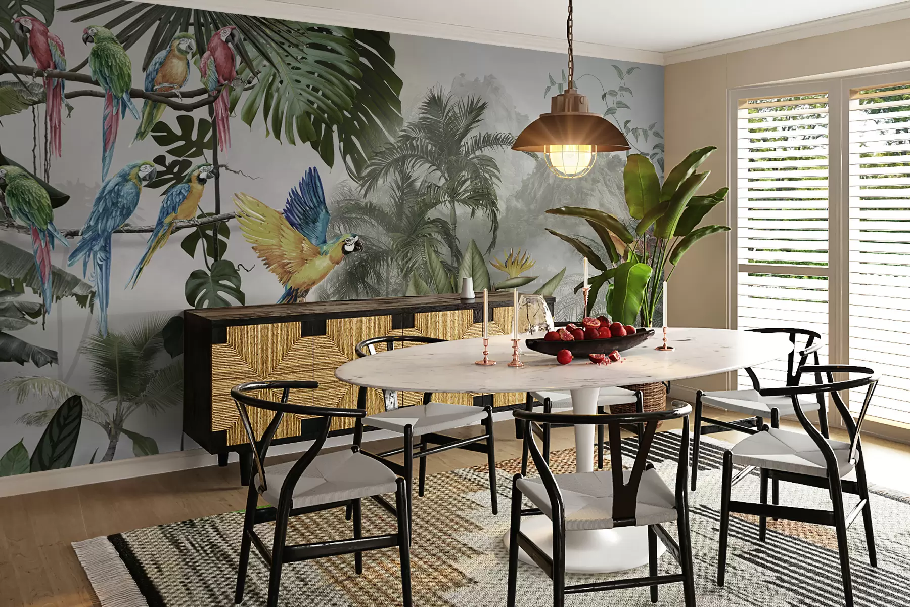 Fototapetes Papagaiļi lietus mežā u95693