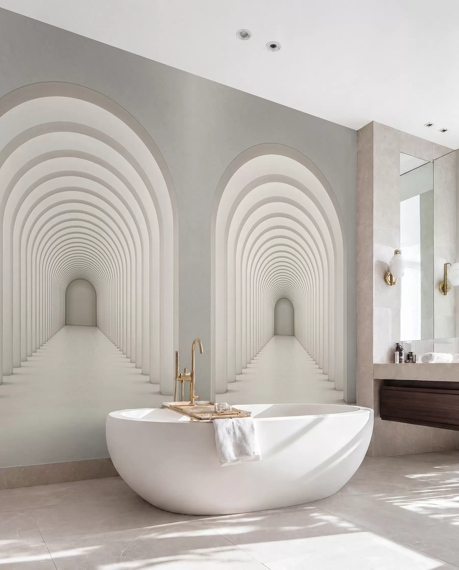 Fototapetes Balta betona arka, kas izkārtota garā rindā ar gaismu u96604