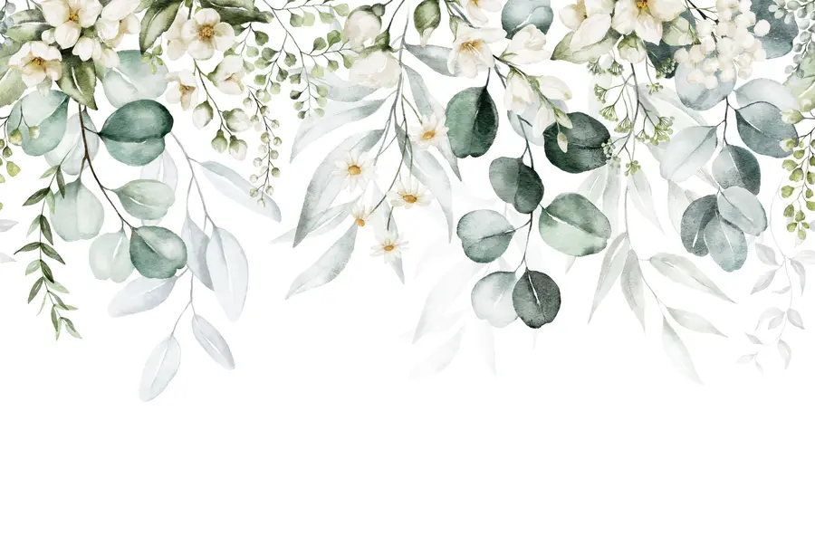 Fototapetes Akvareļkrāsas zaļas lapas ar ziediem u96336