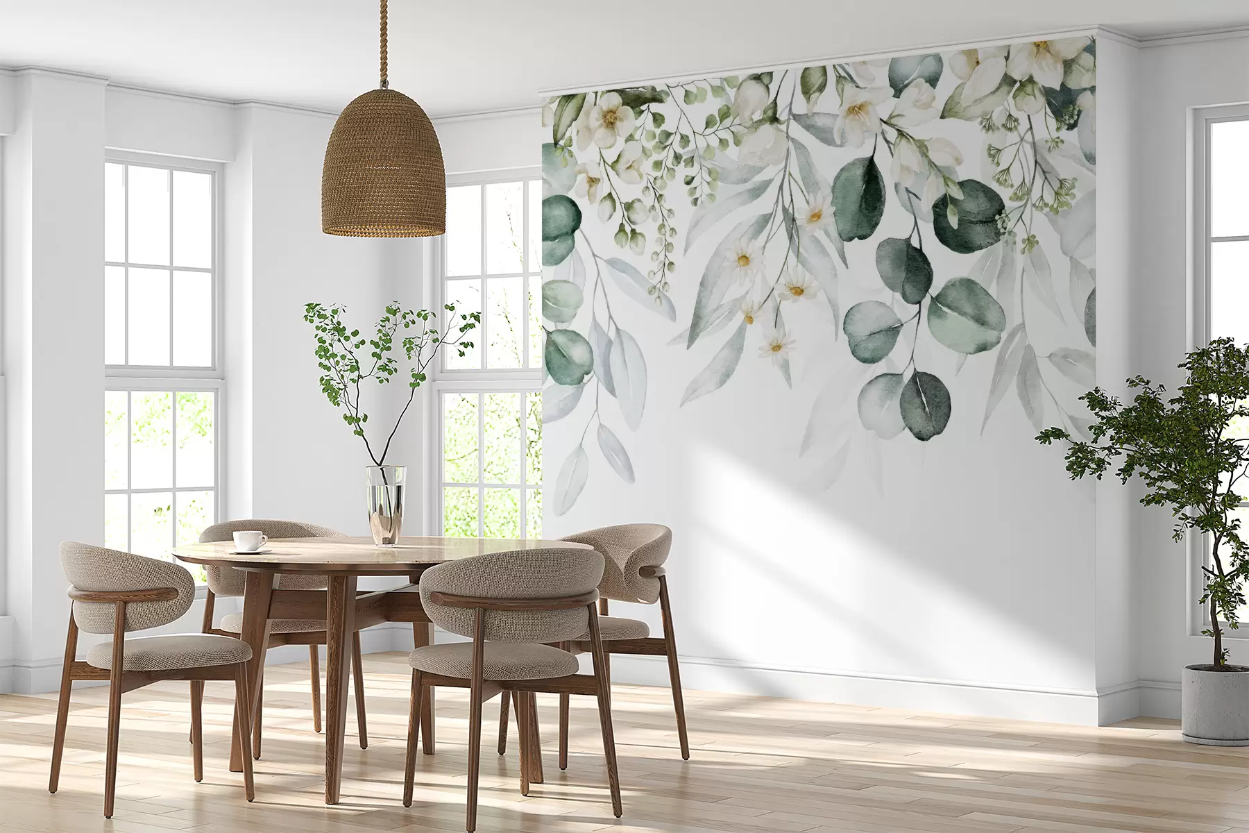 Fototapetes Akvareļkrāsas zaļas lapas ar ziediem u96336