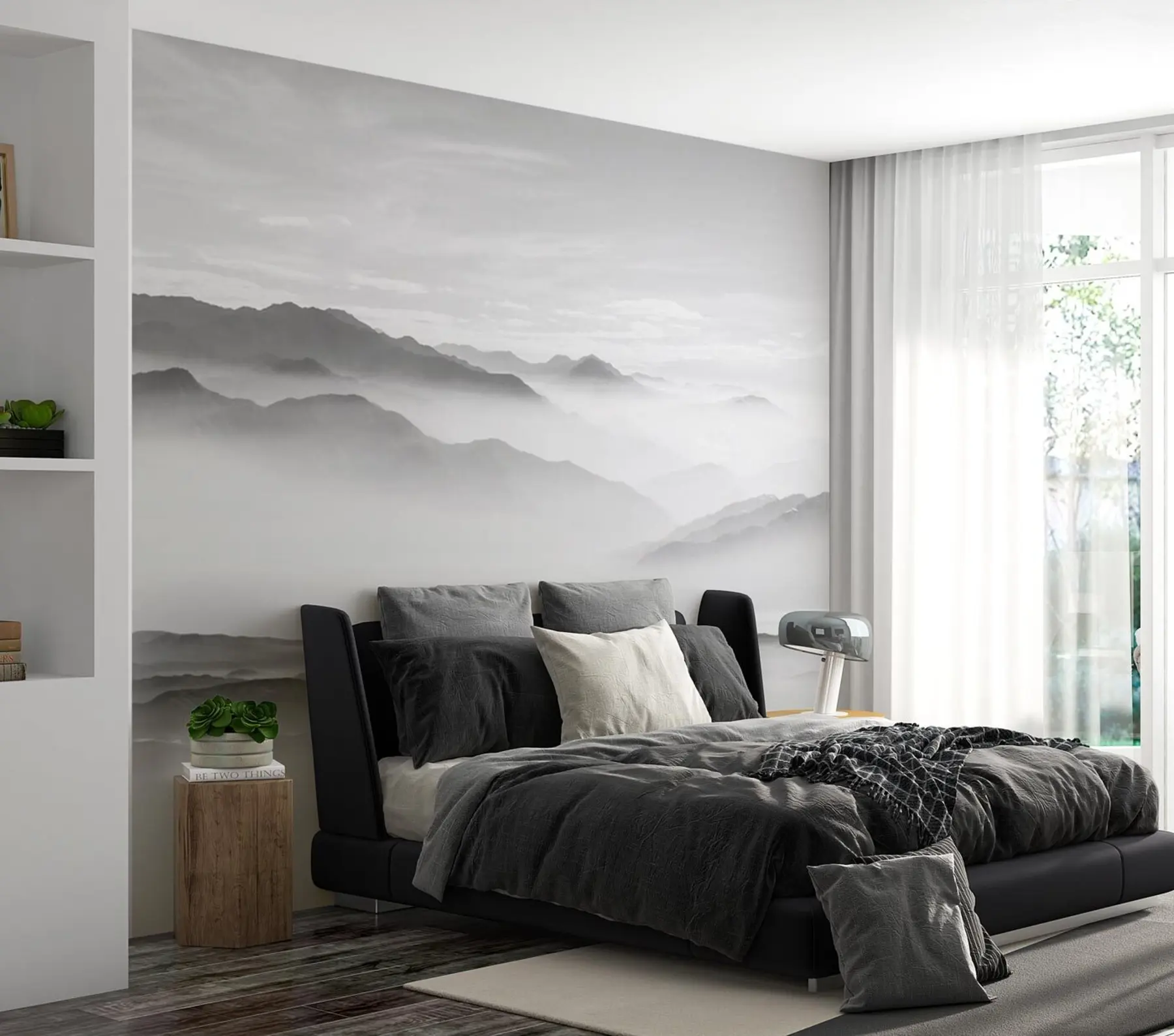 Fototapetes Skats uz pelēkajiem kalniem miglā minimālisms melnbaltā krāsā u96922