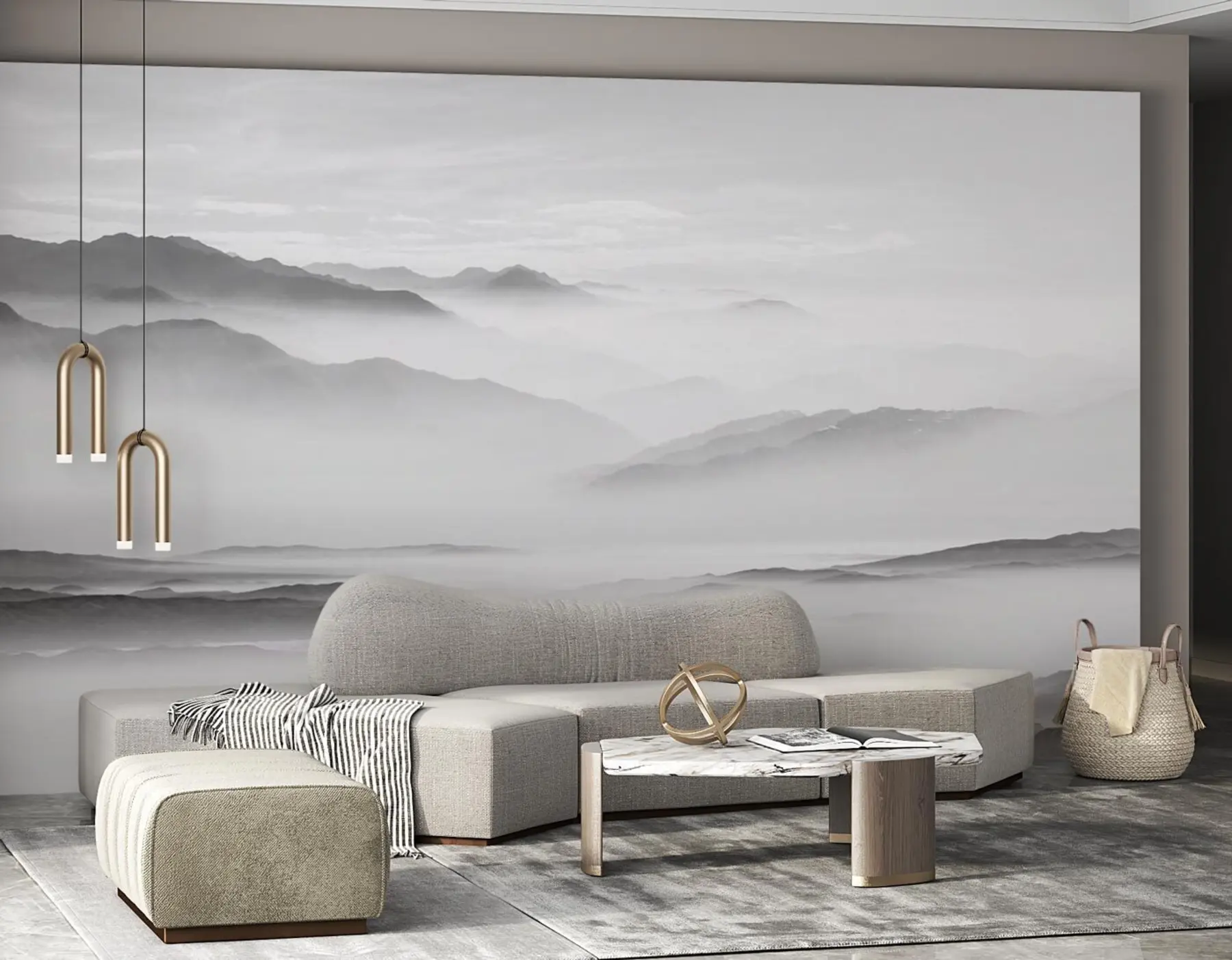 Fototapetes Skats uz pelēkajiem kalniem miglā minimālisms melnbaltā krāsā u96922