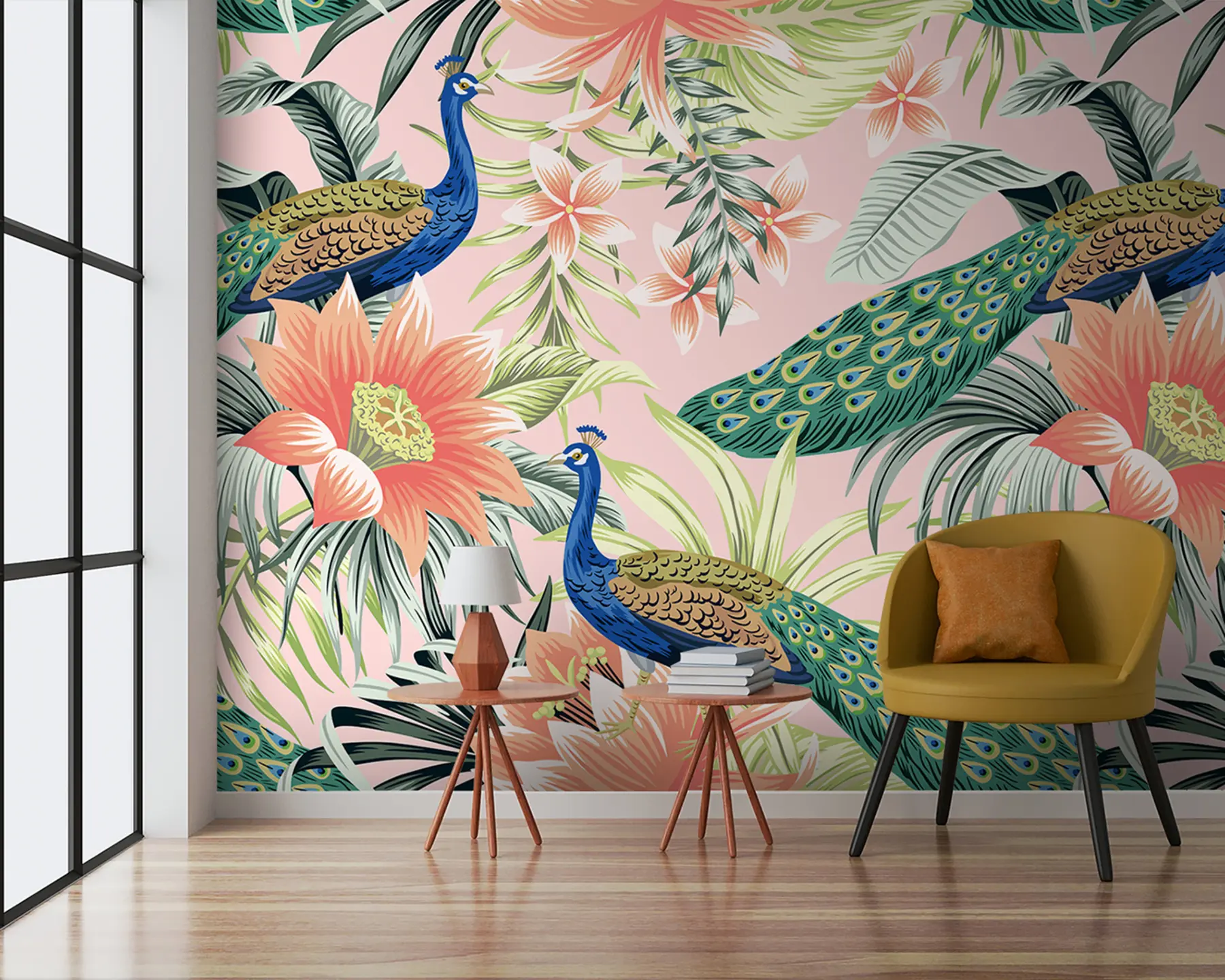 Fototapetes Tropu pāvs ar lotosa ziediem un palmu lapām u97122