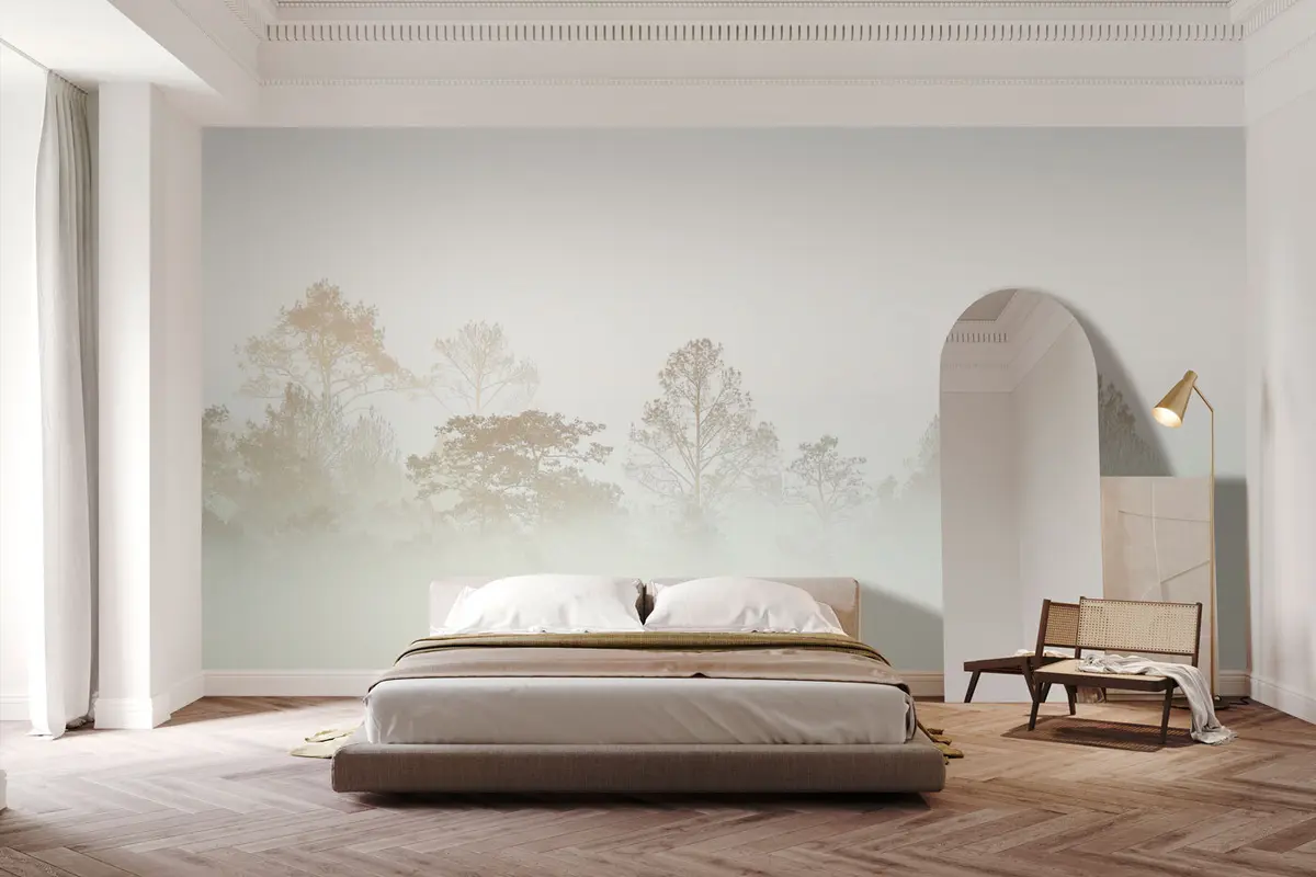 Fototapetes Koku birzs siluets biezā baltā rīta miglā u97405