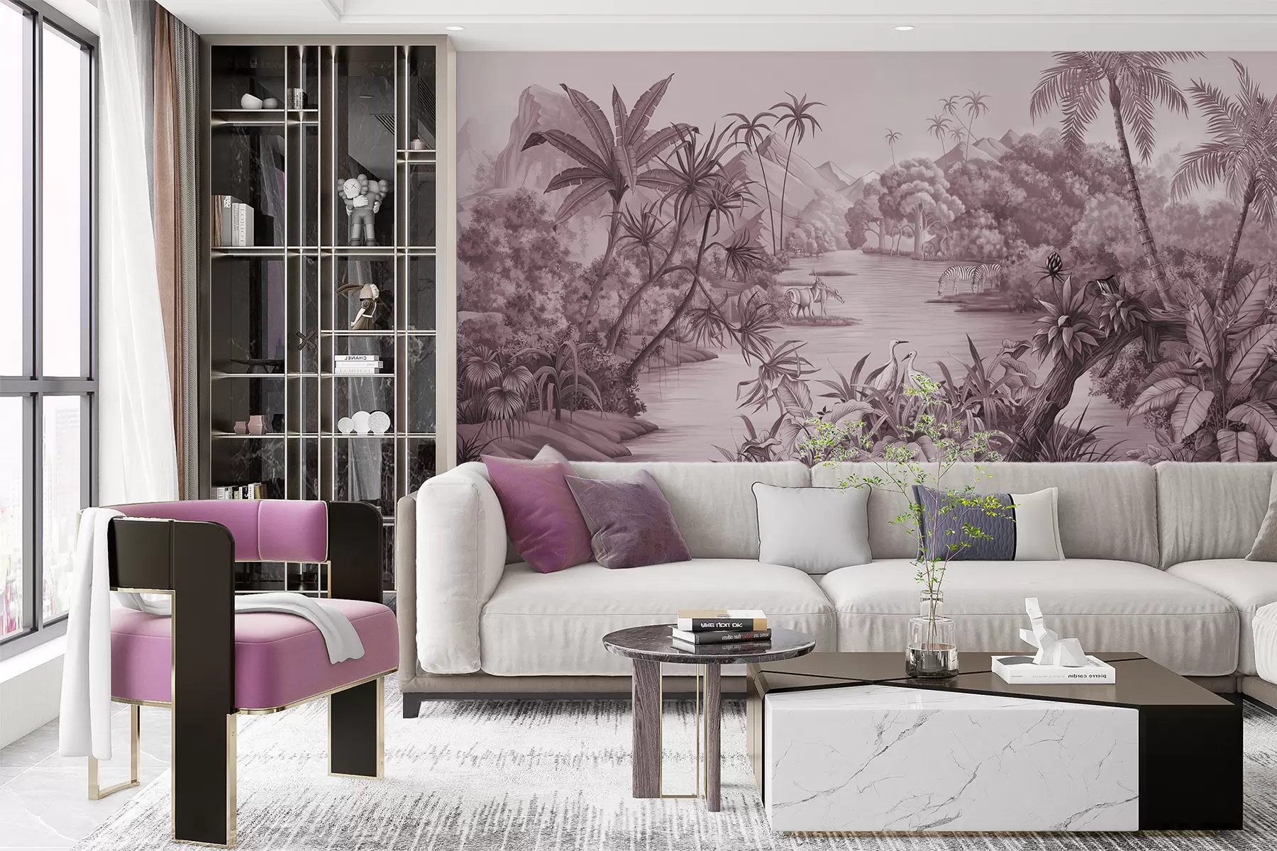 Fototapetes Melnbaltie tropi violetās krāsās u59040v3