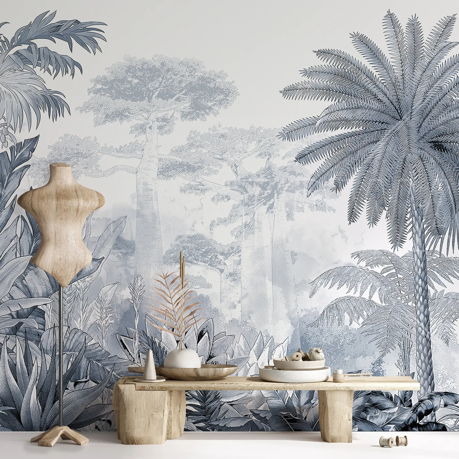 Fototapetes Tropos. Zilas krāsas tušas zīmējums u59041v2