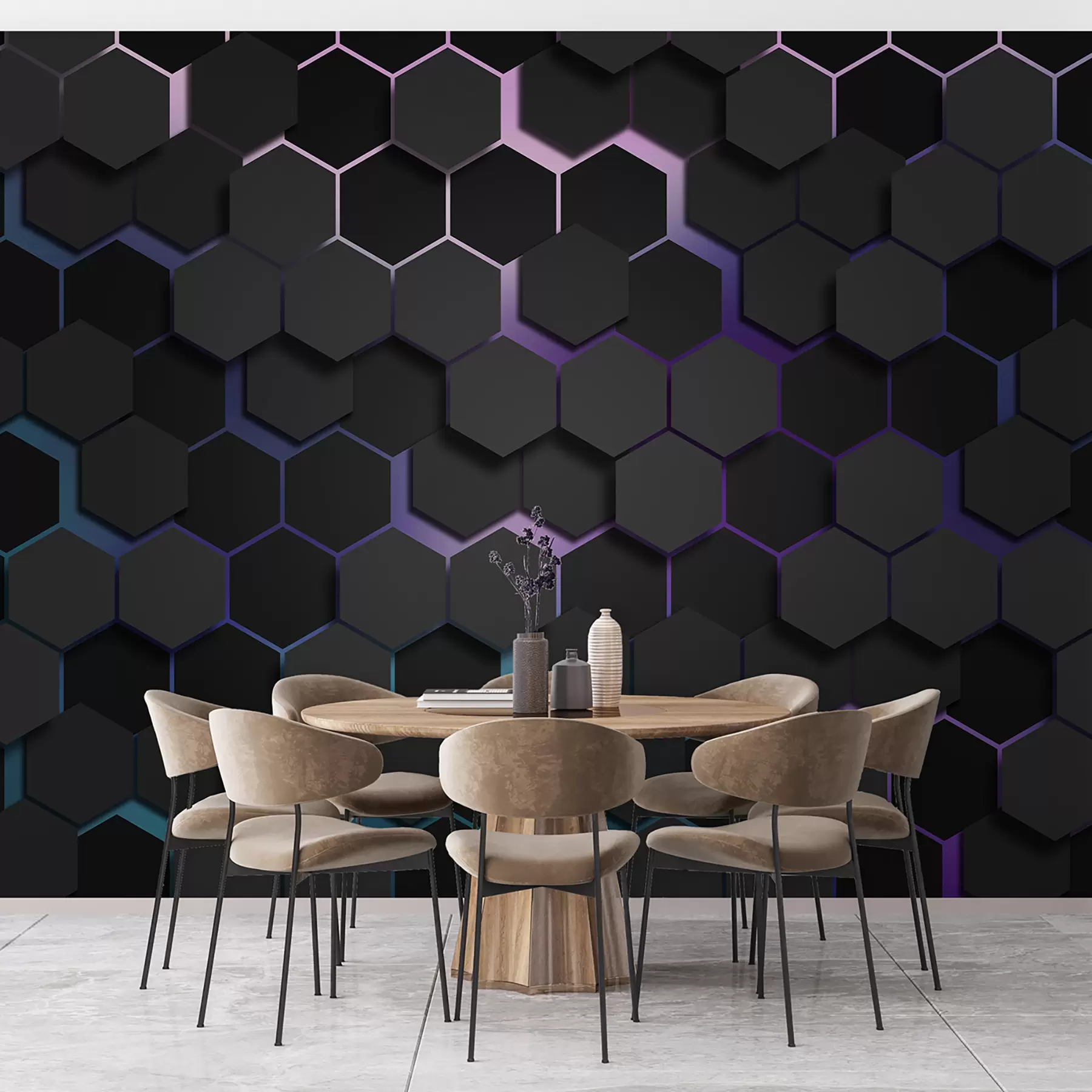 Fototapetes Melni sešstūri ar 3D efektu melnā un violetā krāsā u79935v2