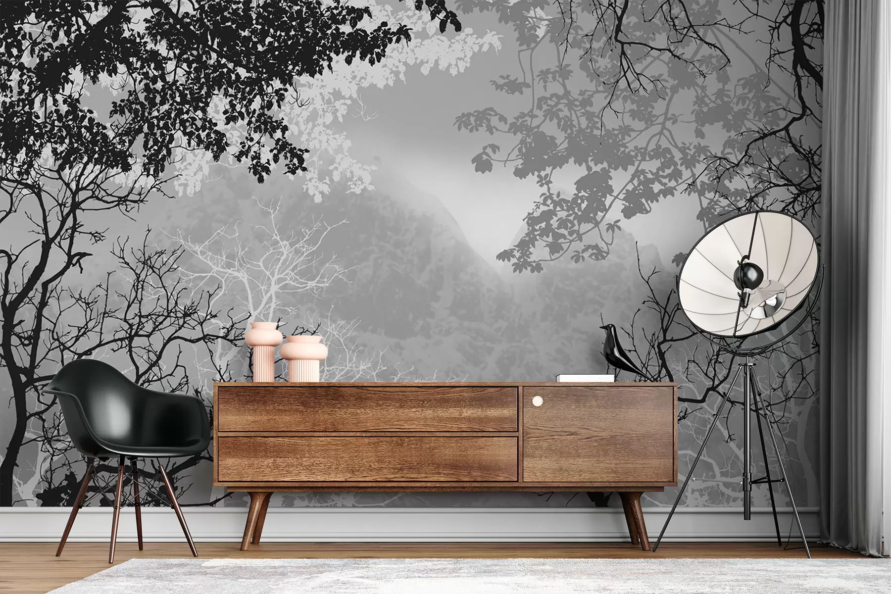 Fototapetes Meža ilustrācija uz kalnu fona ar miglu u98050