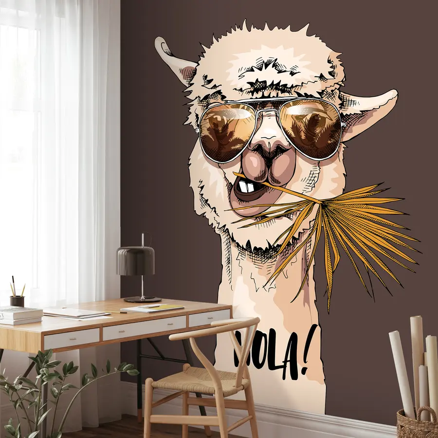Fototapetes Lamas portrets ar saulesbrillēm un vēdekļveida palmas lapu u98177