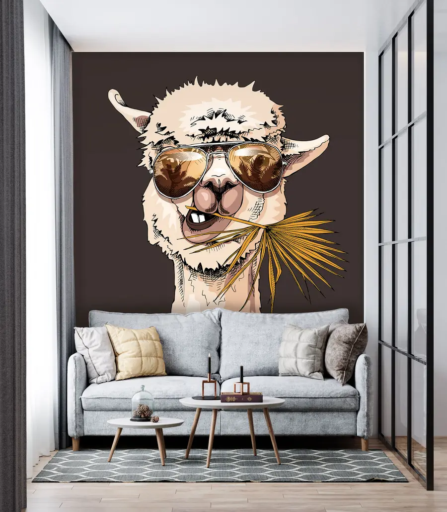 Fototapetes Lamas portrets ar saulesbrillēm un vēdekļveida palmas lapu u98177v2