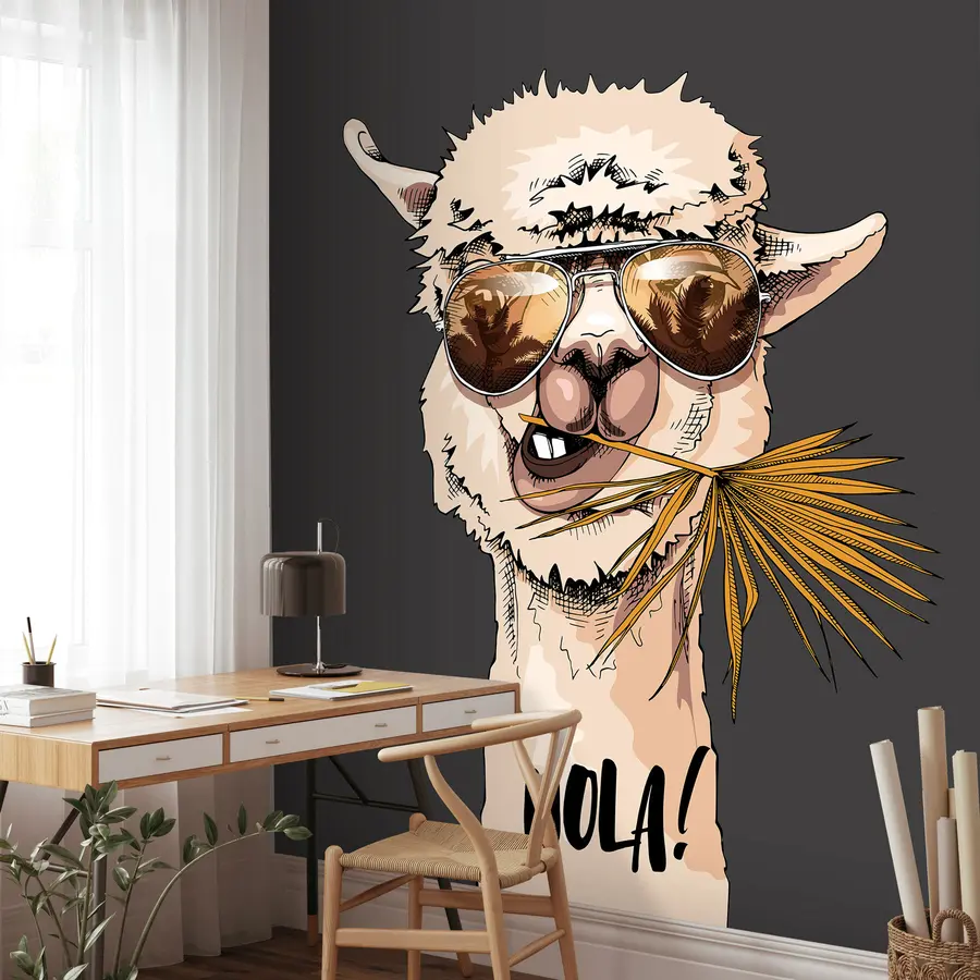 Fototapetes Lamas portrets ar saulesbrillēm un vēdekļveida palmas lapu u98177v1