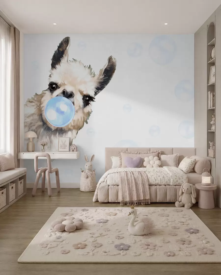 Fototapetes Lama ar zilu gumijas burbuli u98952v1