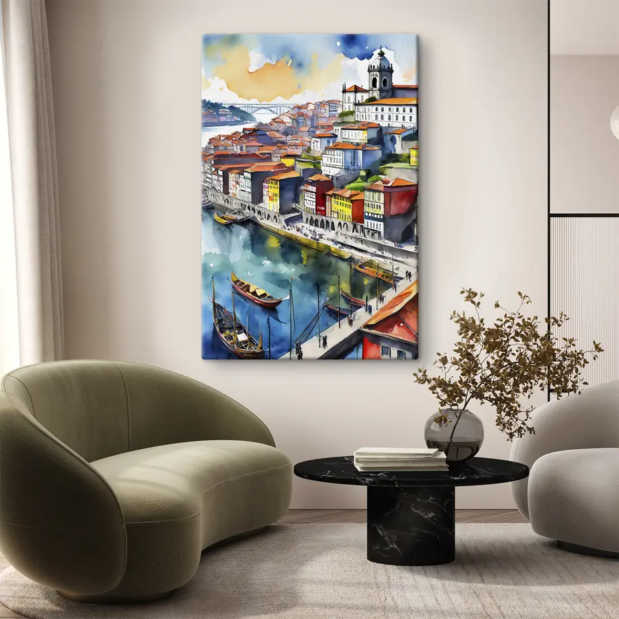 Glezna Burvīgs upes krasta pilsētas skats krāsās s36680