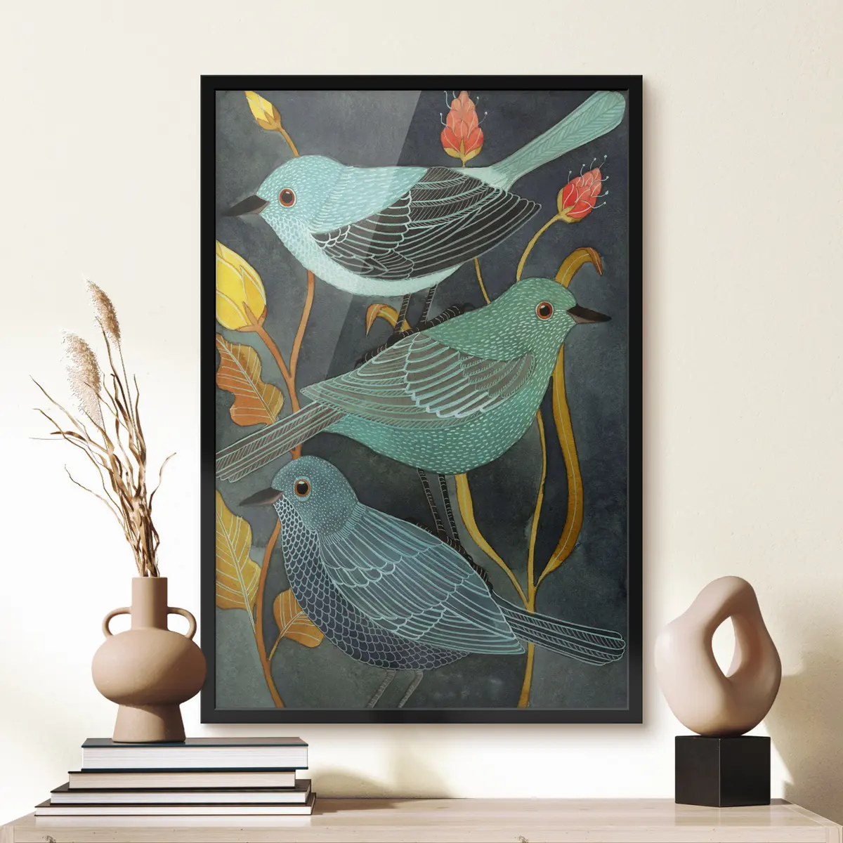 Plakāts Krāsaini putni starp košajiem lapjiem f03061