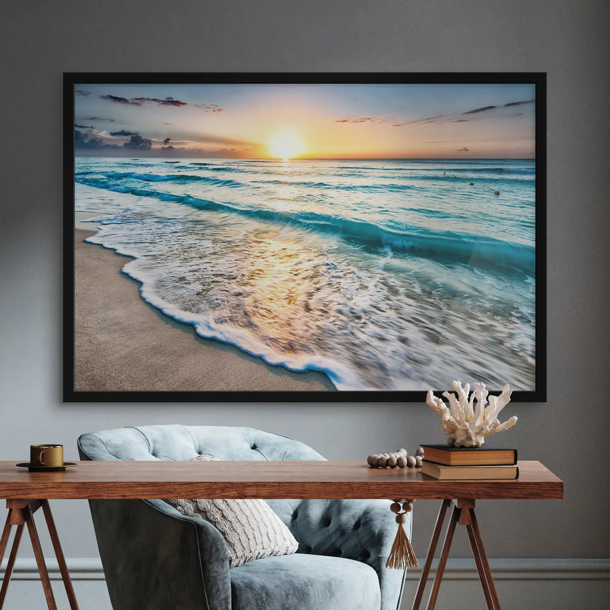 Plakāts Saulriets virs mierīgiem okeāna viļņiem f08091