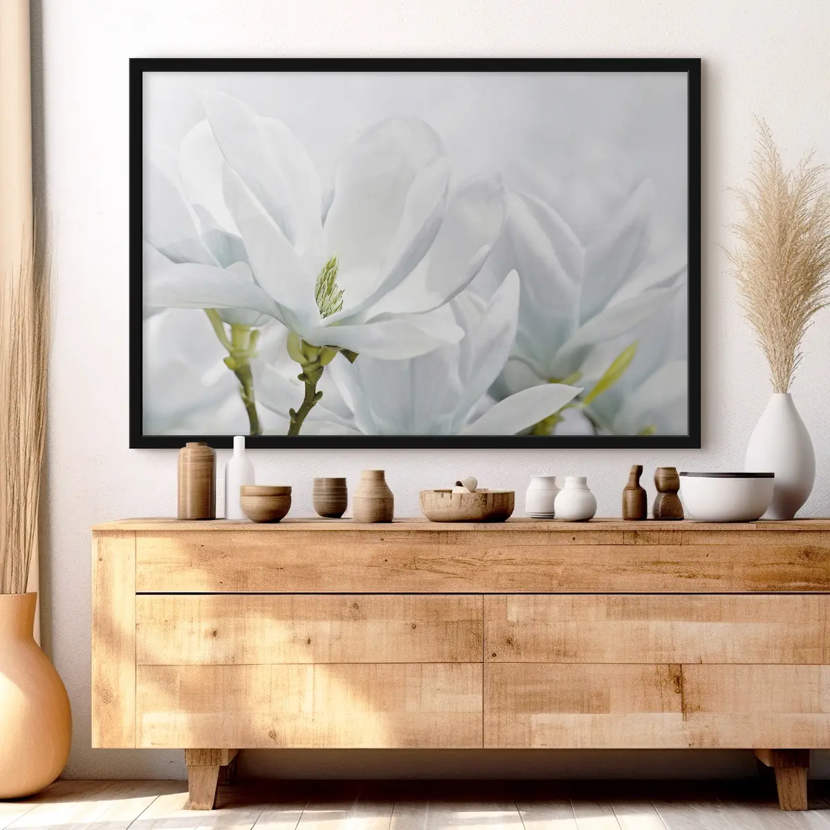 Plakāts Maigi balti ziedlapiņas mīkstā gaismā f35784