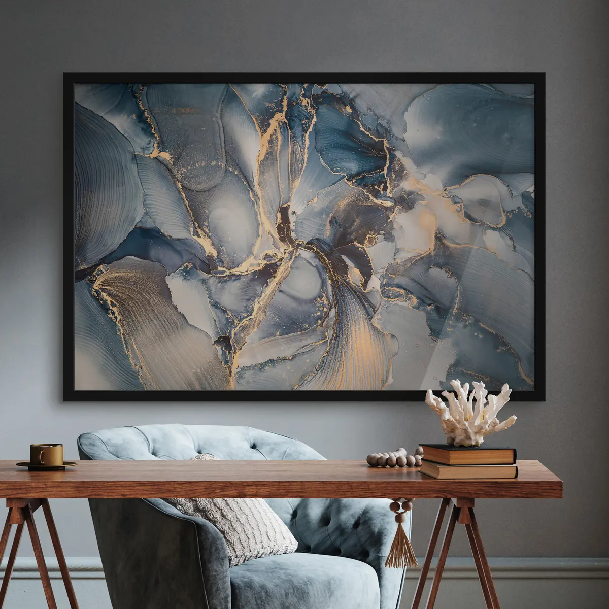 Plakāts Eleganti zili un smilškrāsas virpuļi f36042