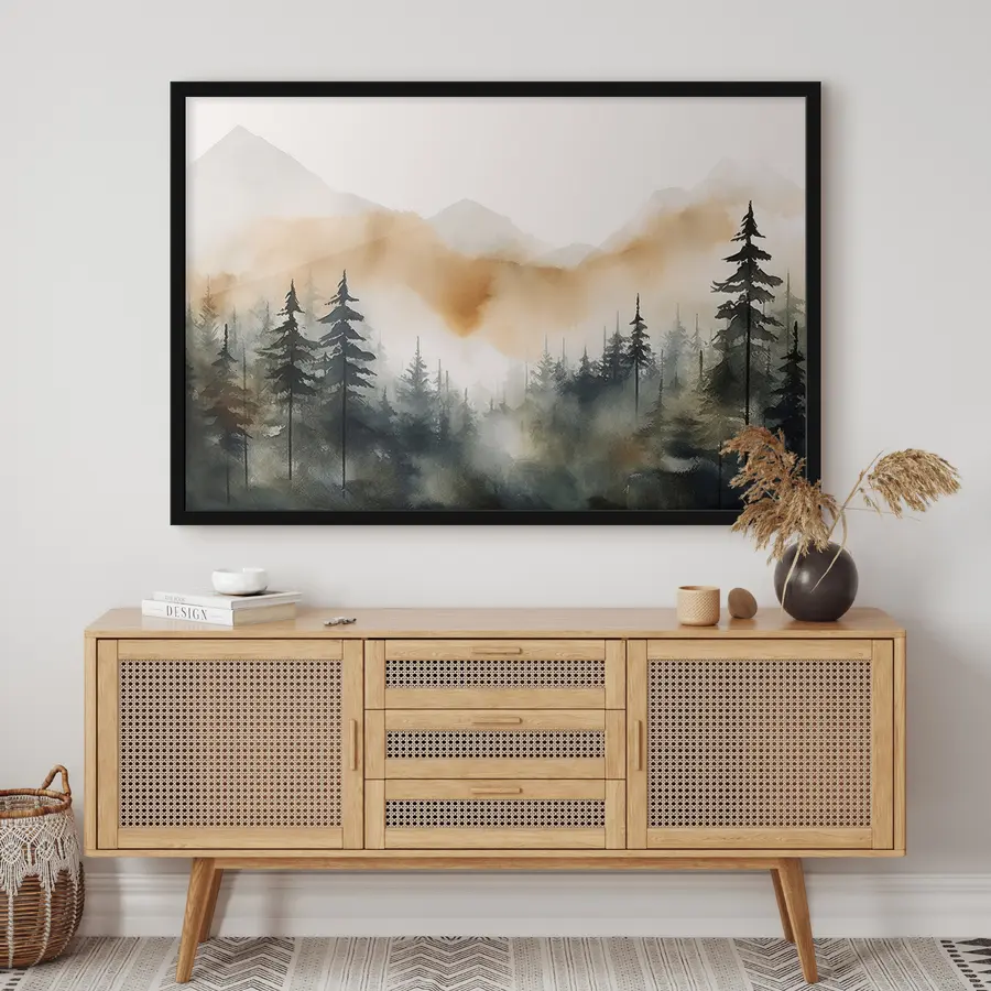 Fototapetes Miglains kalnu mežs saullēktā f36008