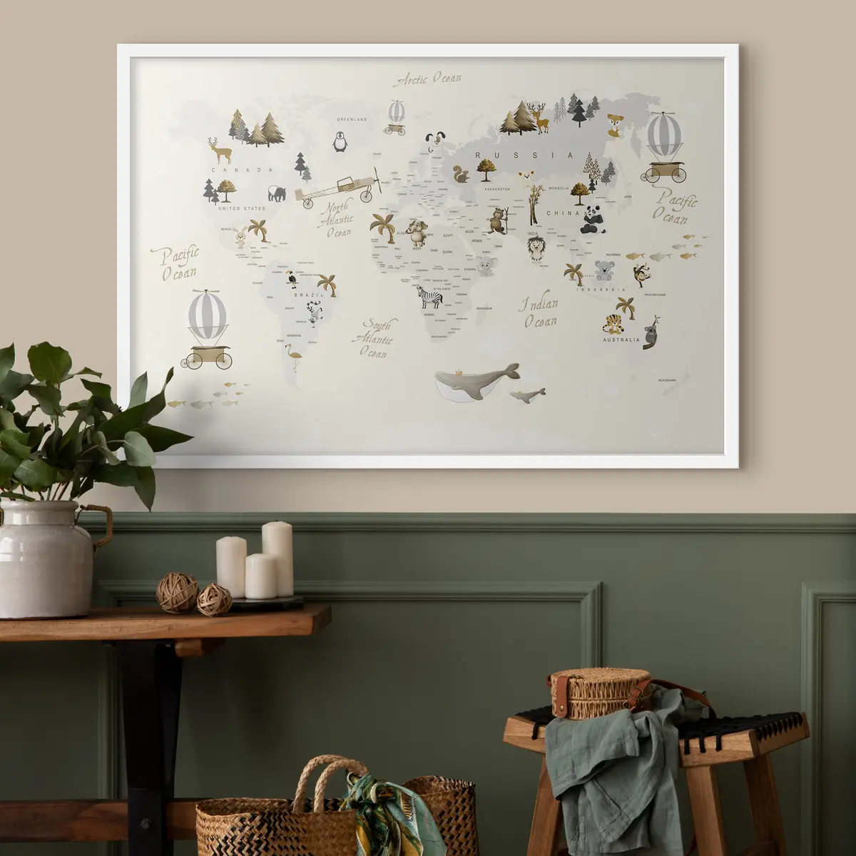 Plakāts Kaprīzais pasaules karte ar dzīvniekiem f31798