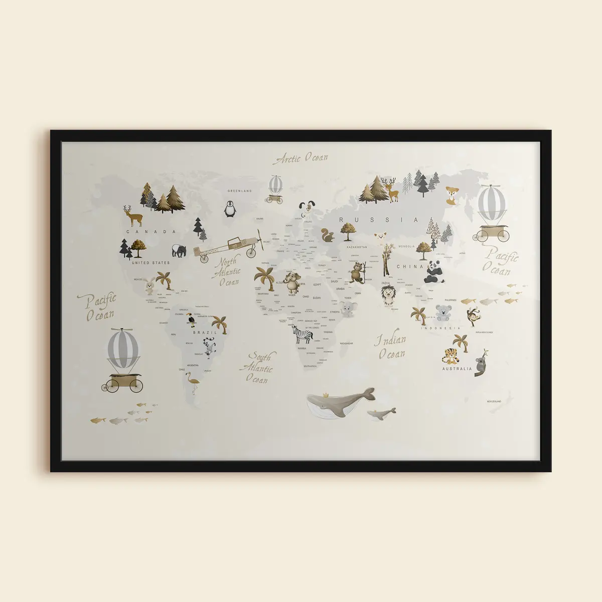 Plakāts Kaprīzais pasaules karte ar dzīvniekiem f31798