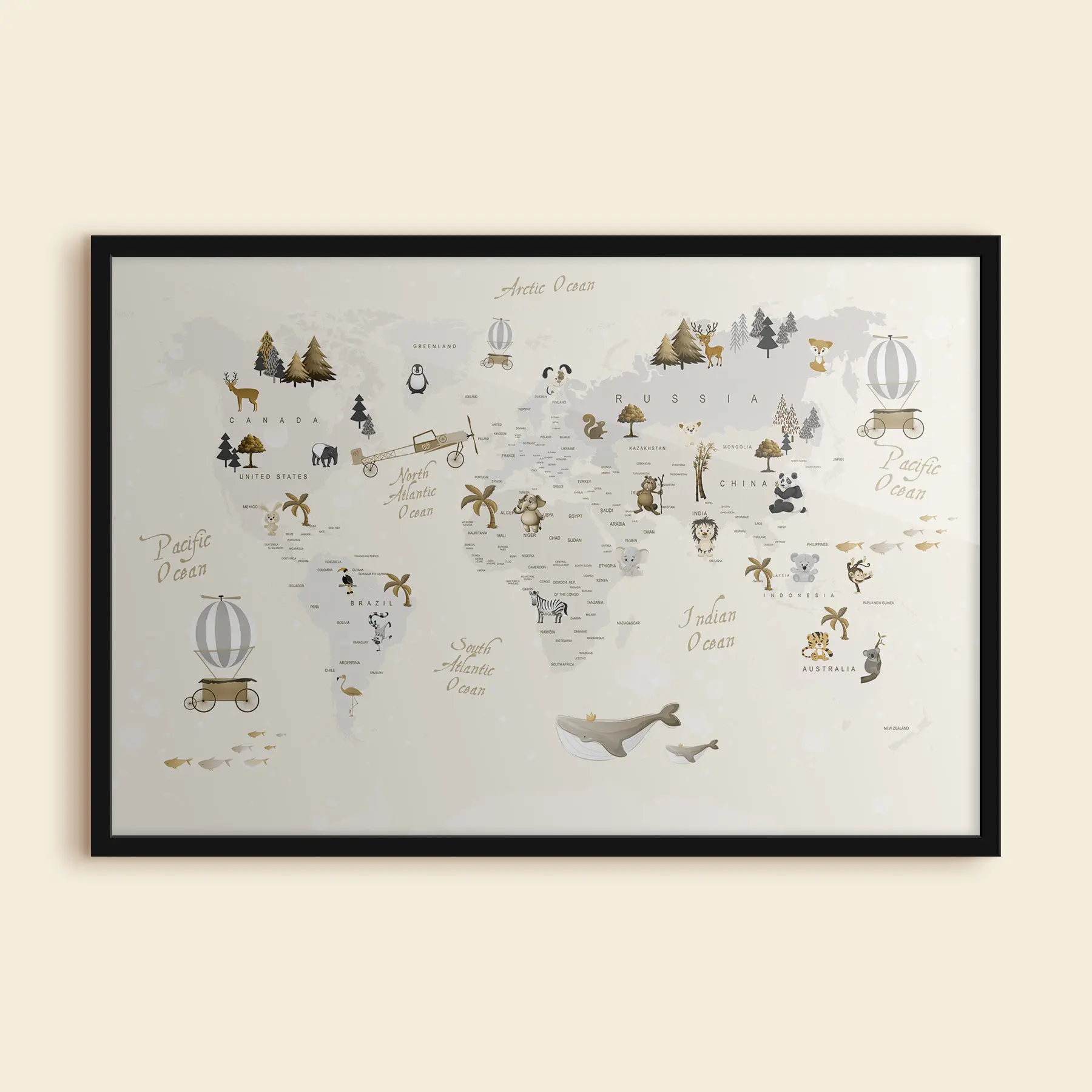 Fototapetes Kaprīzais pasaules karte ar dzīvniekiem f31798