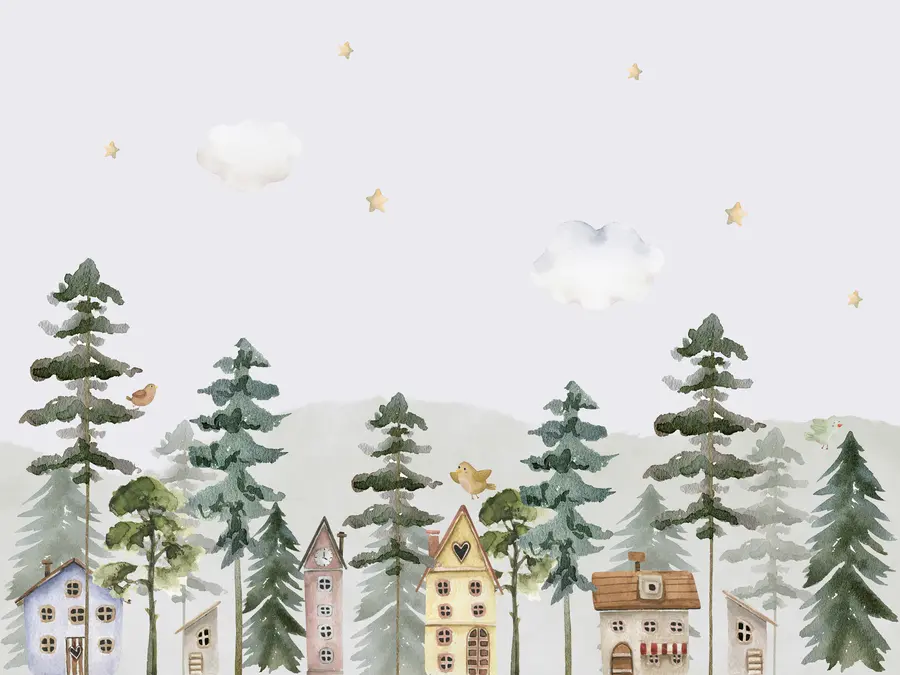 Fototapetes Priežu mežs ar putniem un gudrām mājiņām, zaļā un bēšā krāsā u98989
