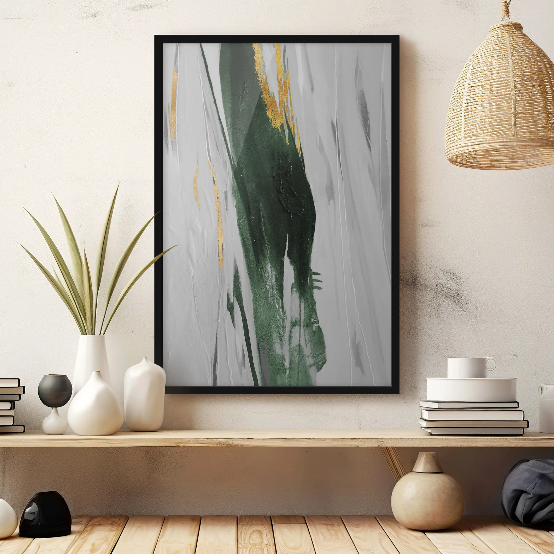 Glezna Abstraktas līnijas zaļā un baltā krāsā f03993