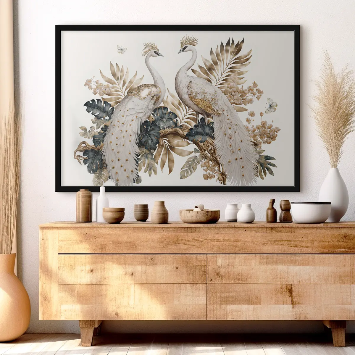 Plakāts Eleganti pāvji starp sulīgo lapotni f33942