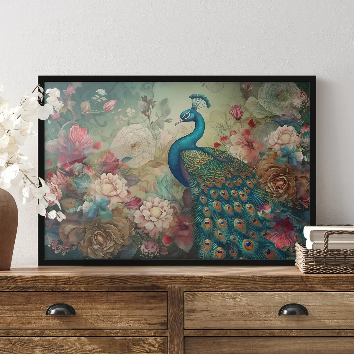 Plakāts Spilgts pāvs ziedošu ziedu vidū f34869