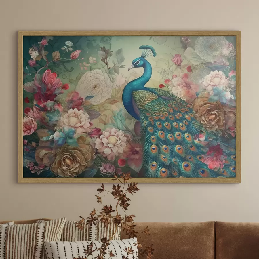 Fototapetes Spilgts pāvs ziedošu ziedu vidū f34869