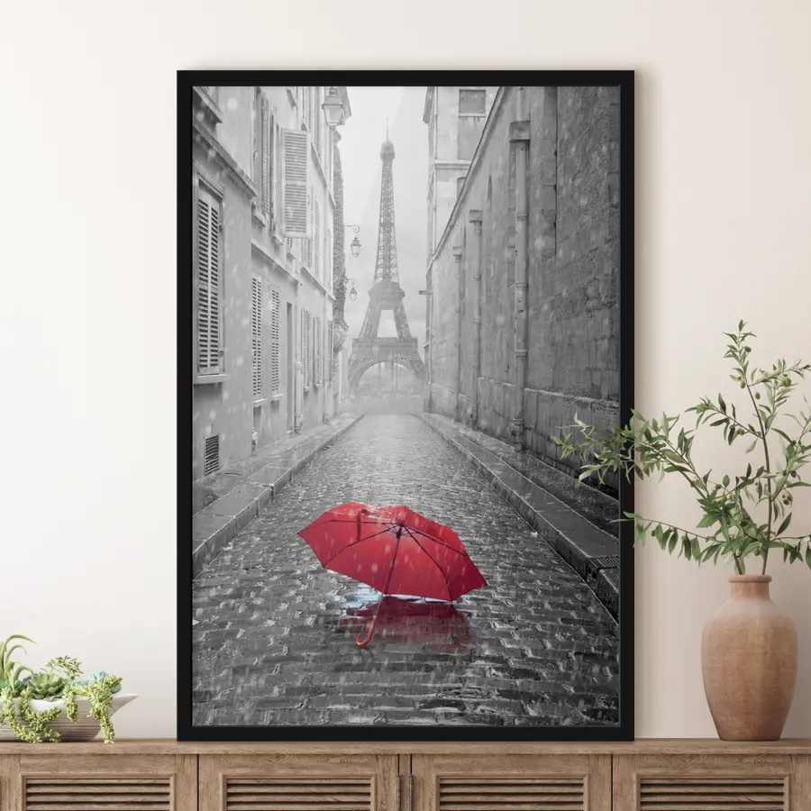 Fototapetes Sarkans lietussargs uz mitras bruģa ielas f33713