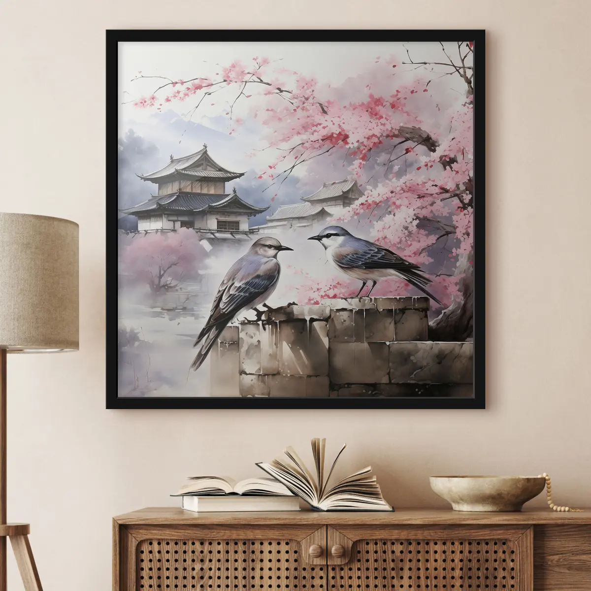 Plakāts Divi putni pie ķiršu ziediem f36815