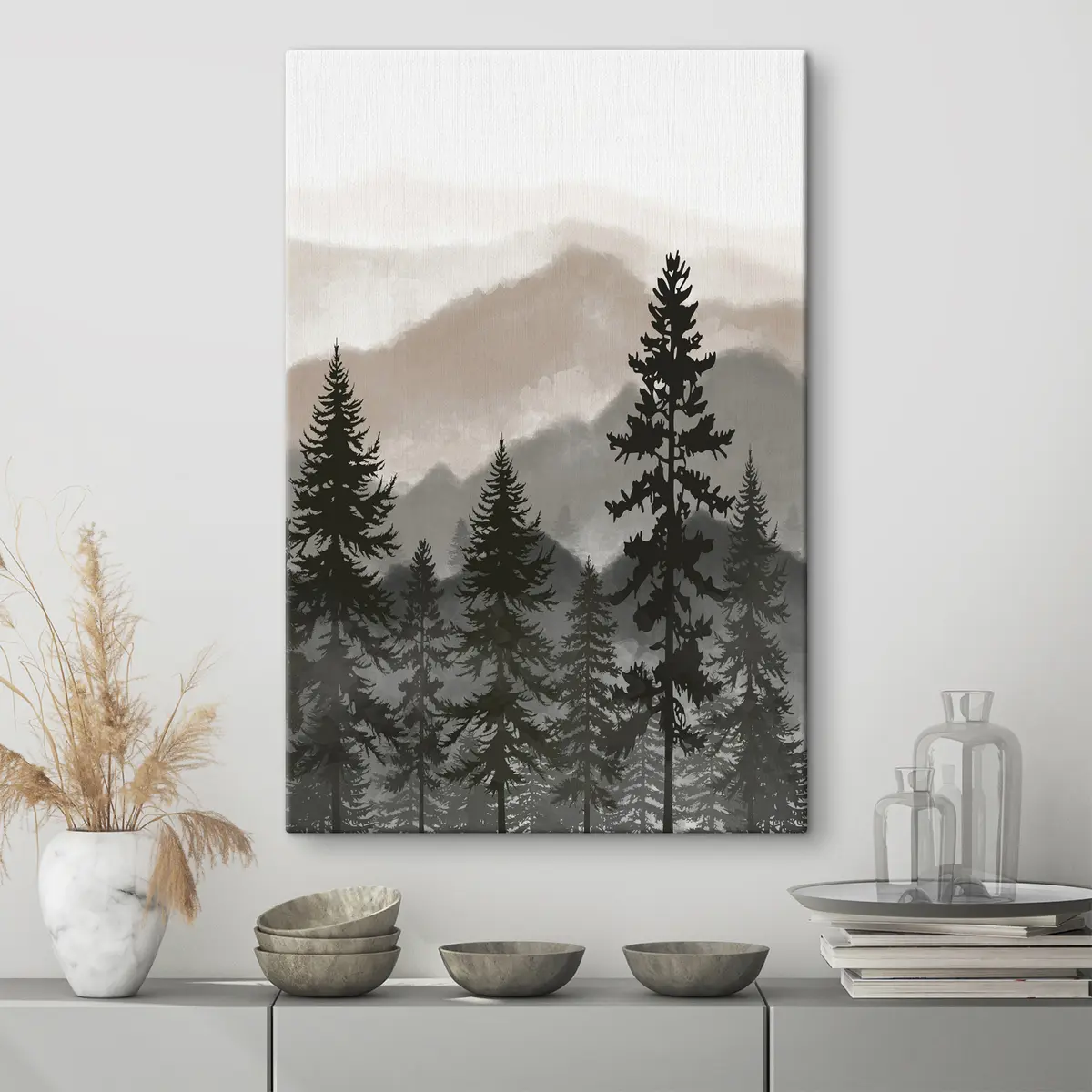 Glezna Miglas apklāti kalni un ēnainie mūžzaļie koki s37017v1