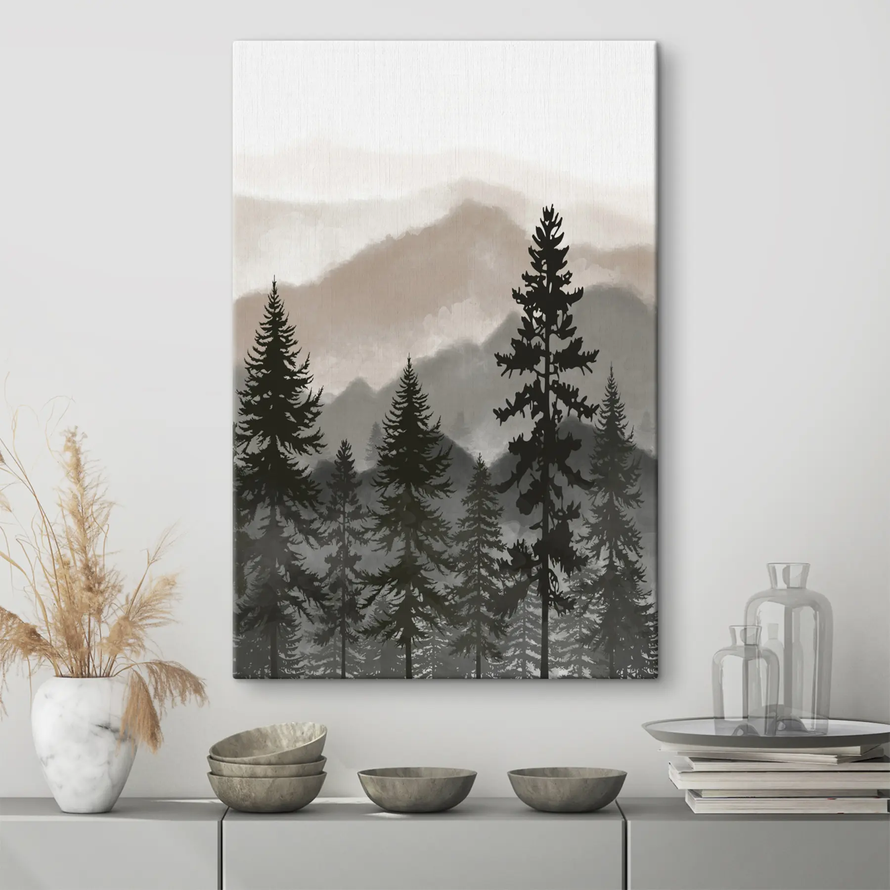 Glezna Miglas apklāti kalni un ēnainie mūžzaļie koki s37017v1