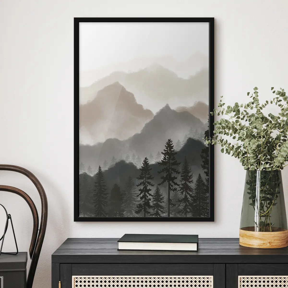 Plakāts Mierīgs kalnu ainava ar augstiem kokiem f36607v1